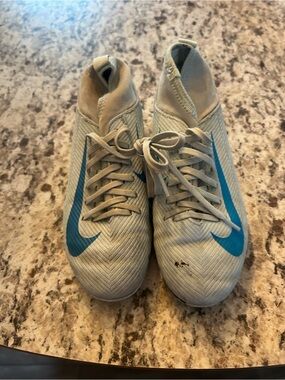 Nike Youth Soccer Cleats Light Gray with Teal Swoosh